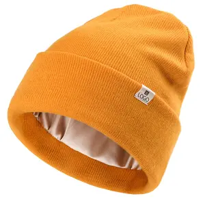 Super Soft Trendy Classic Durable Rib Knit Hat Inverno Private Label Sólida Daily Wear Beanie Com Forro de Cetim
