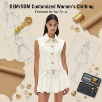 Nouvelle Robe Mini Femme en Jean Blanc Cassé à Col Pointu, Boutonnée, avec Surpiqûres Contrastantes, Ceinture et Volants, Style Skater, Personnalisable, Vente en Gros