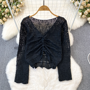 Blusa de Tricô Fina Estilosa para Primavera e Outono - Decote em V, Caimento Solto, Cordões Ajustáveis, Design Coreano Vazado - Product Image 4