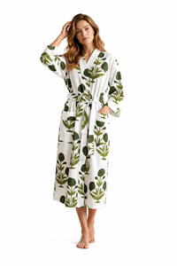 Robe de chambre longue décontractée d'été pour femme, 100% coton respirant, imprimé feuilles vertes, col chemise, ceinture, style kimono, avec poches - Product Image 2