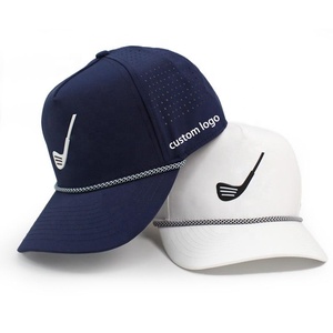 Gorras de golf impermeables de secado rápido de 5 paneles personalizadas, gorra Snapback ajustable Lazer con agujero perforado, gorra de golf azul marino con escritura lateral - Product Image 1