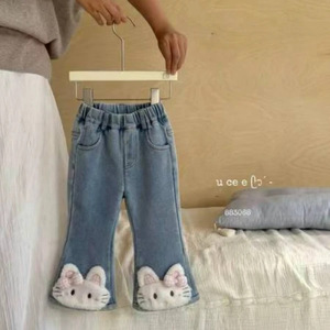 Girls Denim Flared Trousers Blue Fleece <b>Lined</b> Cartoon Cat Kids Winter <b>Pants</b> Long Casual Childrens Jeans - Product Image 2