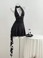 Robe à pois pour femmes, col en V, décolleté halter, taille ajustée, noire, tenue décontractée d'été