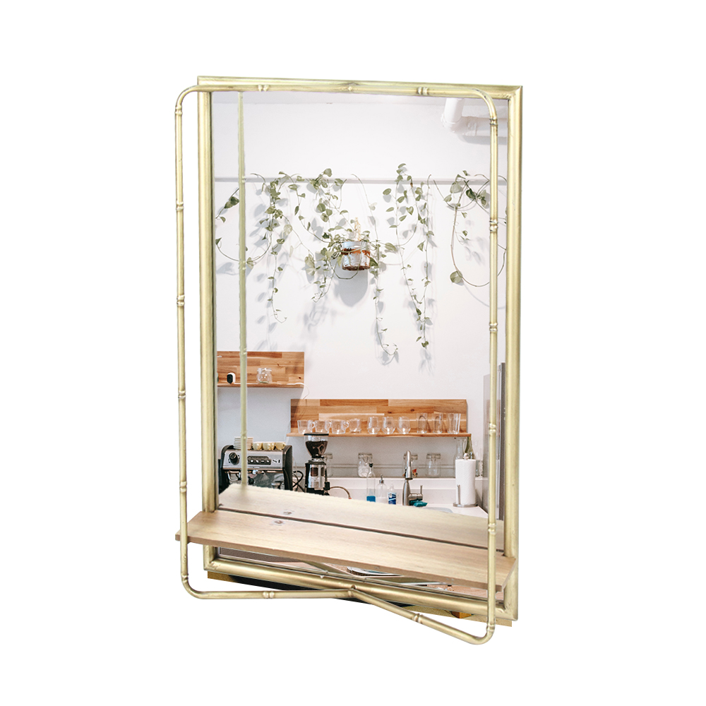 HYKING дизайн оптовая торговля золотая металлическая бамбуковая рамка квадратное домашнее декоративное настенное зеркало с полкой для дома и сада
