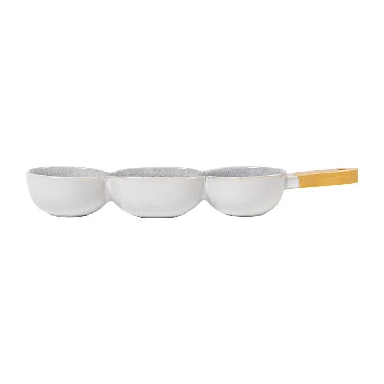 New Design Japanese Style Ceramic Serving Bowls Triple Dessert Dishes With Bamboo Handle