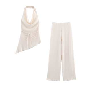 New Women's Hanging Neck Asymmetrical <b>Top</b> With Drapey Pants 2-Piece Set Fashion - Product Image 4