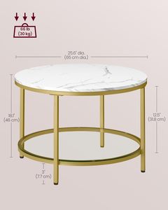 <span class=keywords><strong>Table</strong></span> <span class=keywords><strong>basse</strong></span> <span class=keywords><strong>VASAGLE</strong></span> à 2 niveaux, plateau en faux marbre, étagère en verre, style moderne, salon, marbre blanc, or pâle - Product Image 3