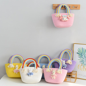 Sweet Girl Bag <b>Rainbow</b> Cloud Children's Woven Bag Large Capacity Straw <b>Handbag</b> New Casual Cotton Thread Bag - Product Image 1