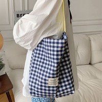 Tas Tote Selempang Kanvas Motif Kotak-kotak Kontras, Gagang Panjang Lipat, Kasual Simpel, Fashion Terbaru