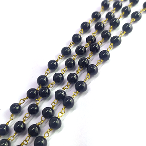 Natural Black Onyx Smooth Irregular Shape Brass Wire Wrapped Handmade Unique Design Popular <b>Rosary</b> Chain - Product Image 5