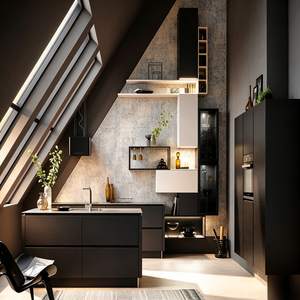 Meubles de cuisine industriels modernes style loft, noir mat et blanc, unités géométriques, étagères vitrées, éclairage LED intégré - Product Image 1