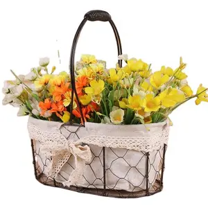 Wholesale Home Decor Picnic Oval Dark Brown Metal Wire Fabric Food Fruit Bread Mix Storage Flower Basket With Handles Flower Vase