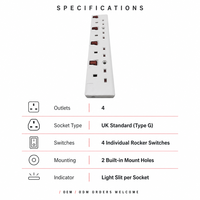 HAOYONG UK Extension Socket Travel Power Strip 4 Way Electrical Extension Leads