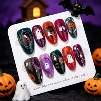 30 Pièces de Faux Ongles Portables en Forme d'Amande, Plaqué Or, pour Halloween, avec Motifs Fantômes, Citrouilles, Fleurs et Pois, au Design Exquis, Mignons et Tendance, pour le Marché International