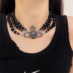Collar de Perlas de Tres Capas con Diseño de Saturno, Ónix Negro y Diamantes, Gargantilla de Planeta, Estilo Empress Dowager Punk, Joyería para Banquete - Product Image 3