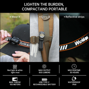 Wurkkos hd12 850lm קמפינג פנס פנס קדמי 29 ° נקודה + 120 ° שיטפון נטענת ראש מנורות - Product Image 5