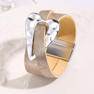 Hot Selling Big Heart Charm Leather <b>Silver</b> Plated Exaggerated Wide Brushed <b>Bracelet</b> for Women Gift Jewelry <b>Bracelet</b> Wholesale - Product Image 1