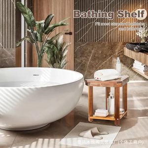 Tabouret de salle de bain en bois Muyue Pavilion, siège de douche en bois massif en forme d'éventail avec étagère de rangement - Product Image 2