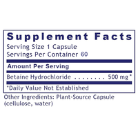 Capsule de chlorhydrate de bétaïne HCL 500 mg certifiée GMP, marque privée, purement végétalienne, favorise le pH de l'estomac et la santé digestive, complément alimentaire