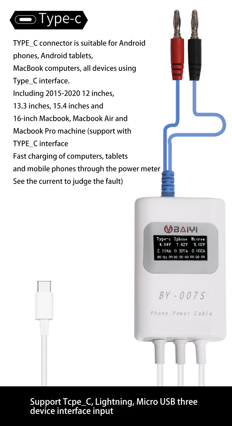 BY-007S Smart Charging Detection Line Cable Support Multiple Fast-charging Protocols TypeC Lightning Micro USB Three Device Tool