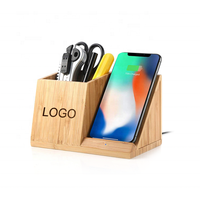 Accessoires de bureau en bambou, chargeur sans fil rapide 15W, porte-stylo, support de téléphone, organisateur de bureau, logo personnalisé, cadeau promotionnel d'entreprise