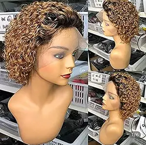 Peluca de cabello humano rizado de 13x4, postizo de encaje frontal Remy brasileño, corte Pixie Rubio mezclado 1B27