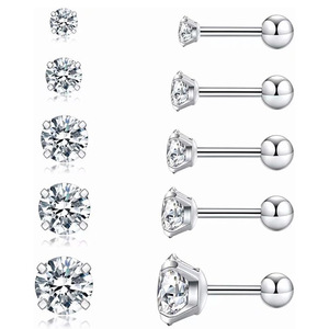 Boucles d'oreilles en acier inoxydable 316 avec une seule pierre précieuse en zircon et un dos à visser rond pour un usage unisexe - Product Image 1