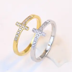 Micro Pave Rhinestone Diamond Cross Finger Ring 18K Gold Plated Stainless Steel Cross Ring for women