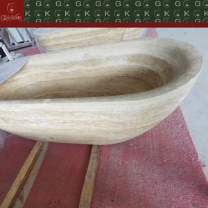 Baignoire autoportante ovale en travertin classique GOLDKING pour villa méditerranéenne, baignoire en pierre beige crème à rayures, OEM - Product Image 4