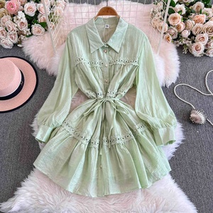 Fall New Shirt Dress Slim Lace <b>Lantern</b> Sleeve Short <b>Mini</b> Casual Dresses - Product Image 1