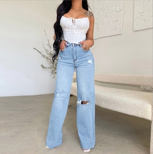 Jeans de Cintura Alta para Mujer Sueltos de Pierna Recta Pantalones de Mezclilla de Pierna Ancha con Agujeros <span class=keywords><strong>Rotos</strong></span> - Product Image 4
