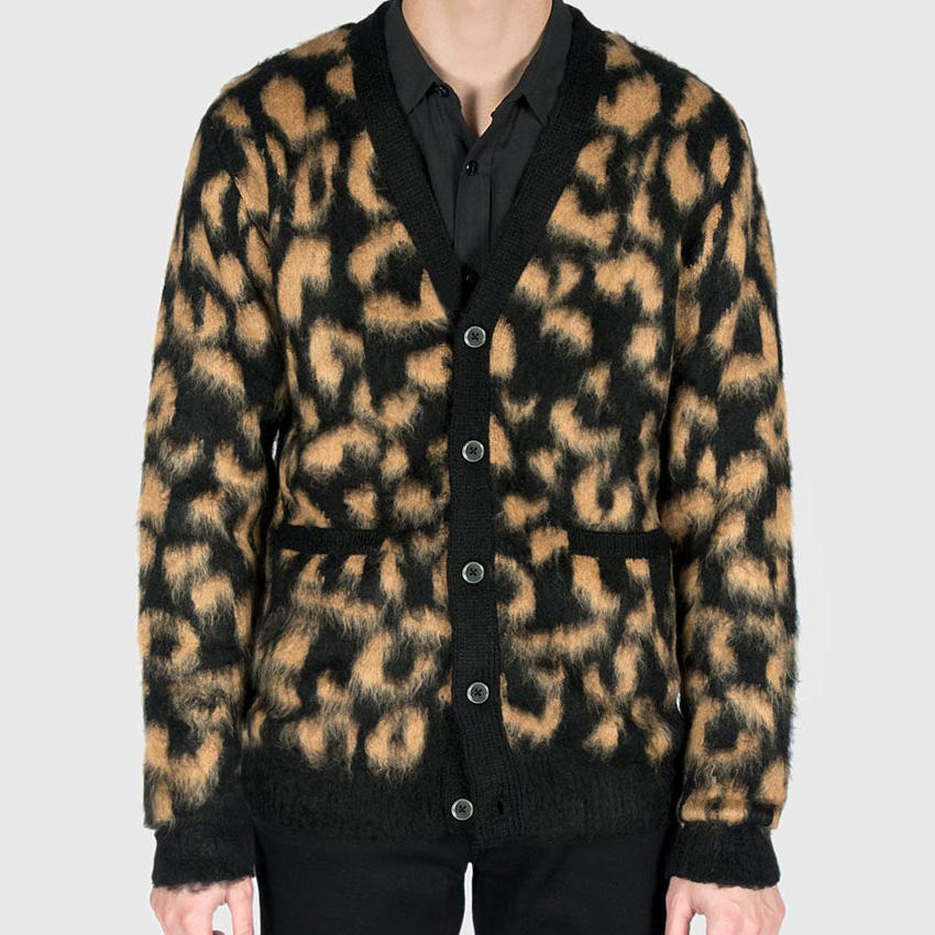 Customized V Neck Fluffy Hairy Material Leopard Jacquard Men Knitted Cardigan 