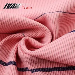Échantillon Disponible Fil Teint 26s Stripe Knit Home Textile Cvc Double Jersey 2x2 Tissu Stretch Côtelé avec Lurex