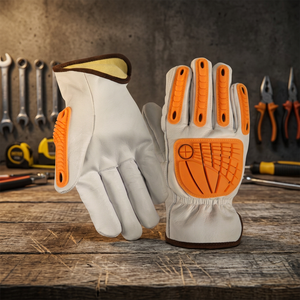 Gants de travail en cuir blanc avec paume et doigts antidérapants orange, poignets froncés, gants de sécurité polyvalents - Product Image 3