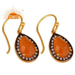 Zircon Peach Moonstone Gemstone Dangle Designer Indian Silver Gold Plated Earrings Supplier Jewelry for Women - Product Image 2