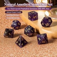 Ensemble de dés DND en améthyste naturelle exquise, 7 pièces, dés polyédriques avec des chiffres dorés pour les jeux de rôle Dungeons and Dragons