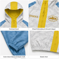 Vestes coupe-vent à capuche pour hommes, style streetwear, avec blocs de couleur, broderie, ourlet élastique et fermeture éclair, légères, personnalisables par fournisseur OEM