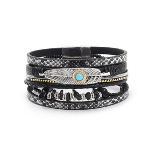 Pulsera de Cuero con Plumas y Turquesa Estilo Bohemio para Mujer, Creativa, Vintage, con Cierre Magnético - Product Image 1