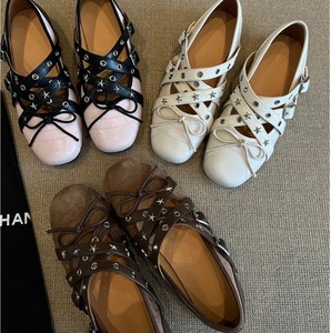 Cowhide French Style Mary Jane <b>Flats</b>, Cross Strap Ballet Shoes with Bow & Rivet Decor - Product Image 1