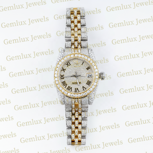 Testeur de diamant de passe d'usure de luxe Date automatique cadran romain D VVS entièrement glacé mouvement automatique deux tons montre Hip Hop pour femme - Product Image 1