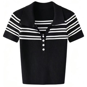 Polo en tricot rayé pour femme, manches courtes, noir et blanc, respirant, coupe ajustée, haut décontracté - Product Image 2