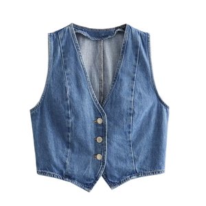 SHENZHU – Nouveauté 2024 : <span class=keywords><strong>Gilet</strong></span> Chic Sans Manches en <span class=keywords><strong>Jean</strong></span> Tricoté pour Femme, Style Vintage Décontracté, Coupe Courte - Product Image 1