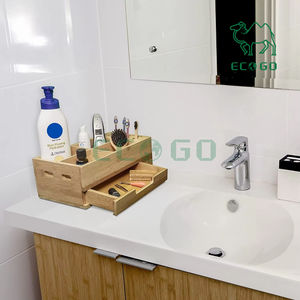 Organisateur de maquillage de salle de bain en bambou avec porte-brosse à dents et plateau de rangement avec grand tiroir de comptoir - Product Image 3