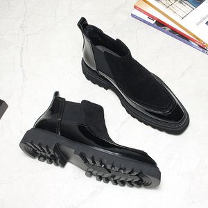 Bottes en cuir verni noir pour homme, bout carré, côtés élastiques, bottes à la cheville, semelle en caoutchouc antidérapante, toutes saisons - Product Image 6
