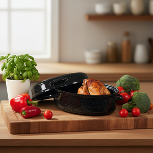 Oval Goose Roaster 4.5 L 34 Cm Enamelled Black White Speckled Roasting <b>Pan</b> - Product Image 3