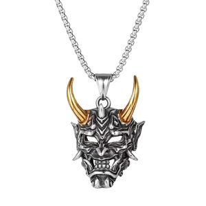 Yunnique – collier en acier titane pour hommes, masque à cornes dorées, pendentif en acier inoxydable, chaîne de pull, design rétro fantôme - Product Image 5