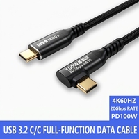 Câble USB 3.2 Gen2 Type-C Mâle-Mâle à Angle Droit, Blindage en Nylon Tressé, Charge Rapide PD 100W, Transfert Audio 10 Gbit/s 4K, Coudé
