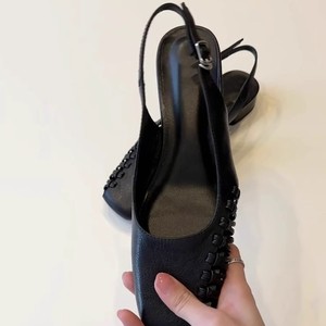 Sandales à talons slingback, bout carré, talon bloc bas, en cuir véritable, bride arrière, respirantes, chaussures pour femmes - Product Image 4
