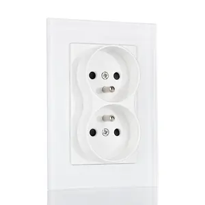 Modern Design European Standard Double French Wall Socket with Tempering Glass 86*120 Wall Plate Copper Contact