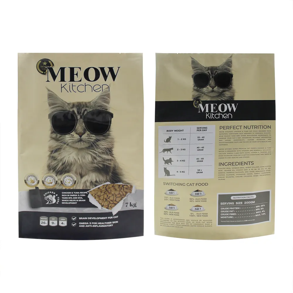 Bolsa de embalaje de alimentos para mascotas de fondo plano con impresión personalizada, golosinas para perros y gatos, comida seca para gatos, bolsa amarilla